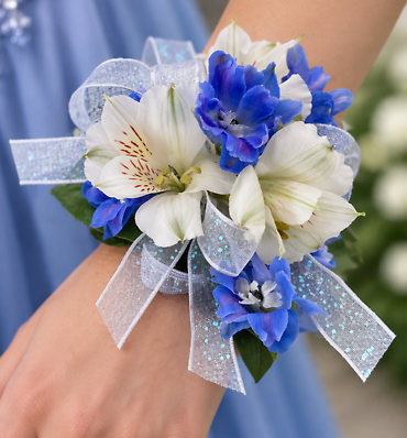 Blue & White Elegance Wrist Corsage