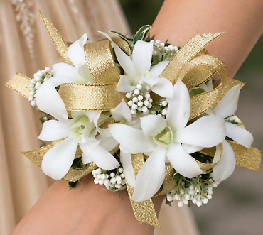 White Orchid & Gold Wrist Corsage