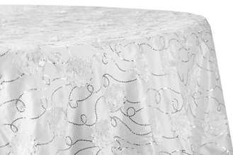 Flower on Sequin Taffeta Tablecloth 120&quot; Round - White