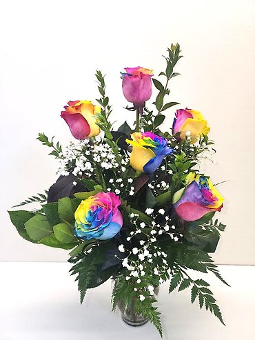 6 Rainbow Roses with Babies Breath