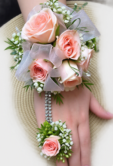 Blush Rose Rhinestone Ring Wrist Corsage